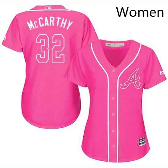 Womens Majestic Atlanta Braves 32 Brandon McCarthy Authentic Pink Fashion Cool Base MLB Jersey